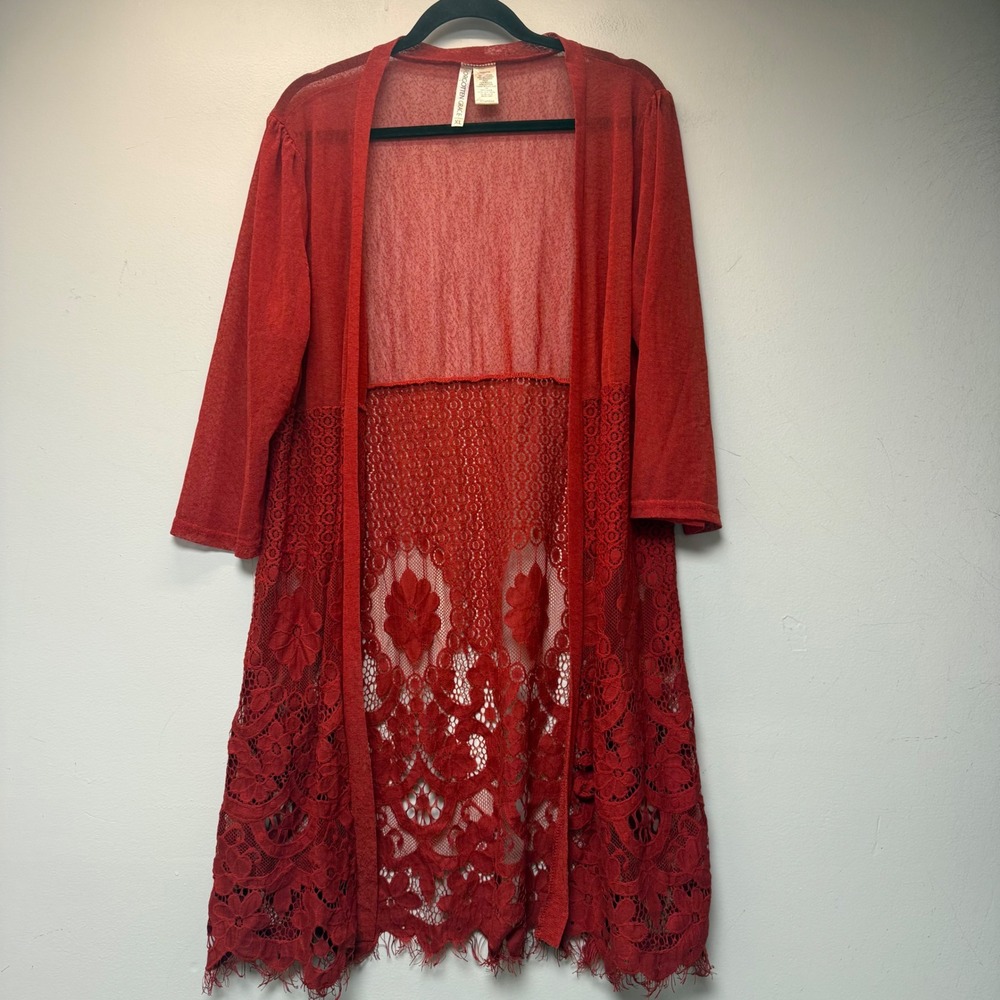 Forgotten Grace Cardigan Women XL Red Excellent Crochet Lace Longline Duster